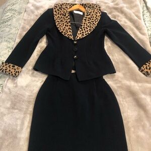 Vintage Gorgeous Leopard Trim Black Blazer and Skirt Set